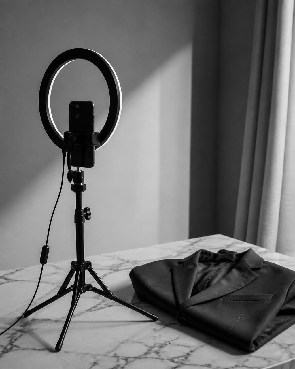 Phone on a tripod with a ring light and a folded blazer in black and white