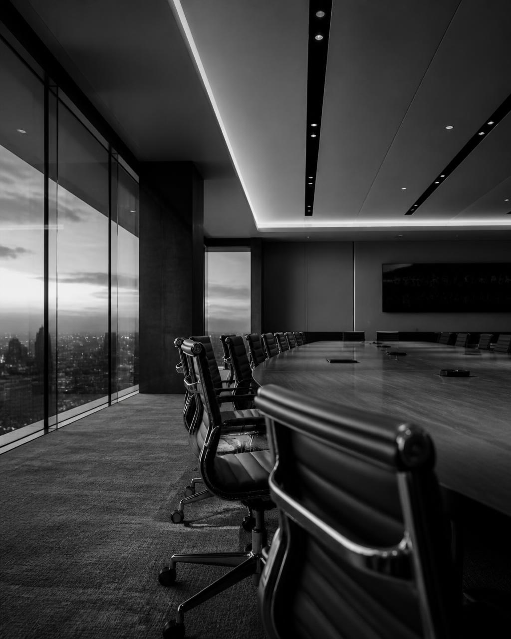 Empty executive boardroom at dusk in black and white