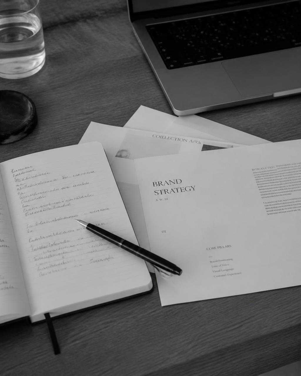 Desk with notebook, pen and strategy documents in black and white