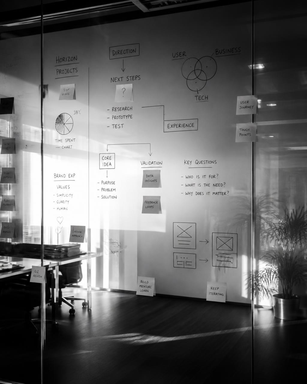 Glass wall covered in handwritten diagrams and sticky notes in black and white